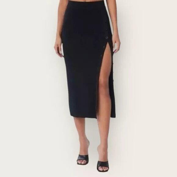 Lita By Ciara Women's True Ribbed midi skirt side slit button Black size XL NEW - Picture 1 of 10